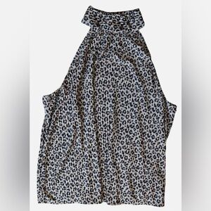 Beige Retro Leopard Print High Neck Halter Sleeveless Blouse XXL